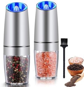 Gravity Electric Pepper and Salt Grinder Set; Adjustable Coarseness; Battery Powered with LED Light; One Hand Automatic Operation; Stainless Steel Bla
