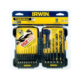 Irwin Turbomax Multi Size Dia x Multiple L High Speed Steel Drill Bit Set Straight Shank 15 pc