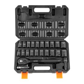 VEVOR 1/2" Drive Impact Socket Set, 23 Piece Socket Set SAE (7/16" -1")& Metric (13-24mm)6 Point Cr-V Alloy Steel for Auto Repair with Ratchet Handle