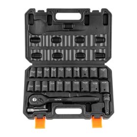 VEVOR 1/2" Drive Impact Socket Set, 23 Piece Socket Set SAE (7/16" -1")& Metric (13-24mm)6 Point Cr-V Alloy Steel for Auto Repair with Ratchet Handle